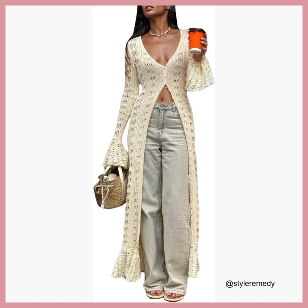 Polyester Spandex Crochet Hollow Out Knit Sweater Cardigan Maxi Dress